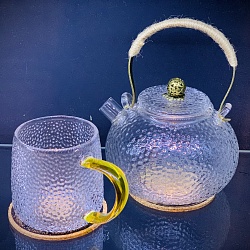 Стеклянная рельефная кружка с желтой ручкой 300 мл - 4